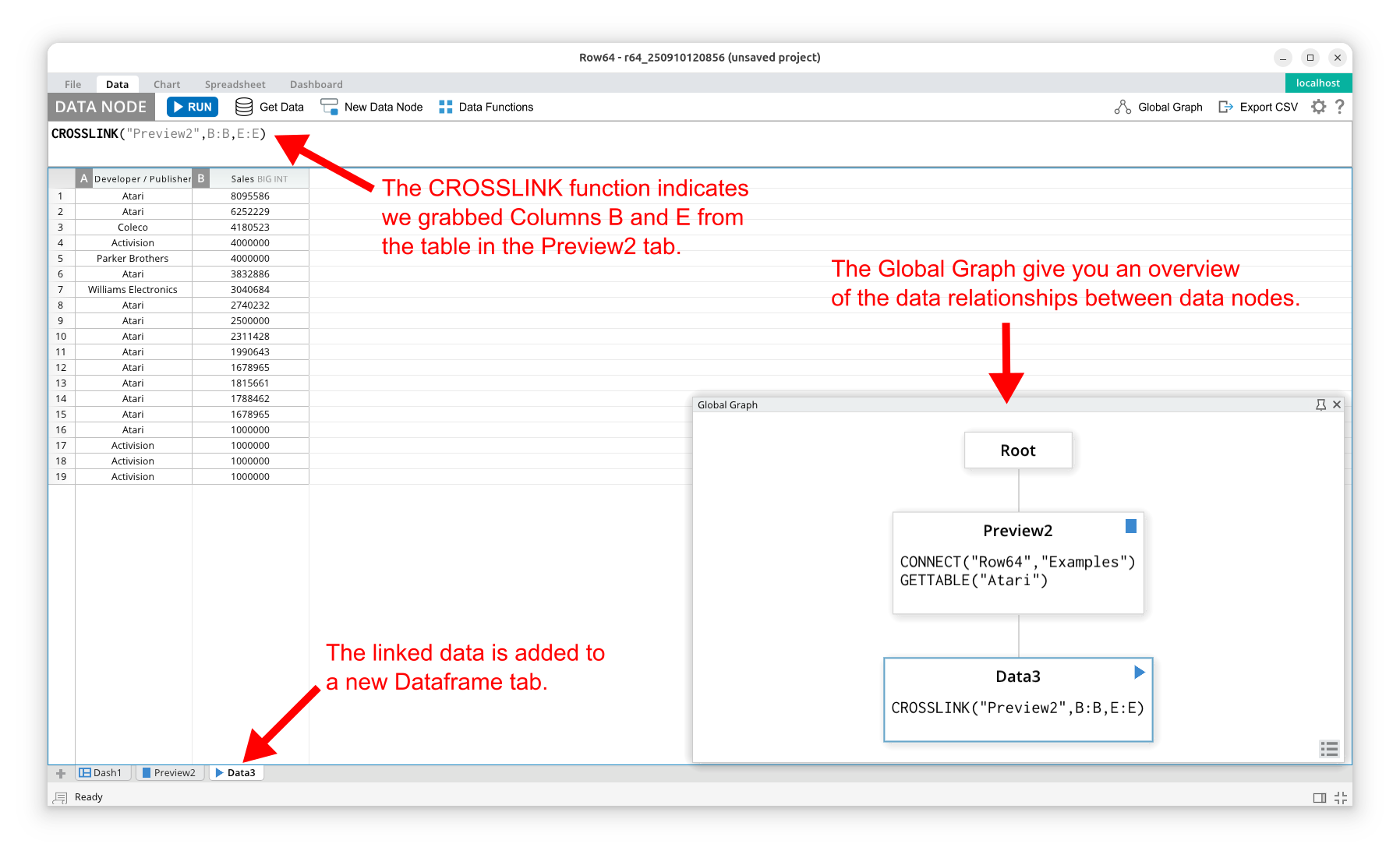 A screenshot of a computer screen with a red arrow pointing to the word Crosslink and a blue arrow pointing to the word Global Graph .