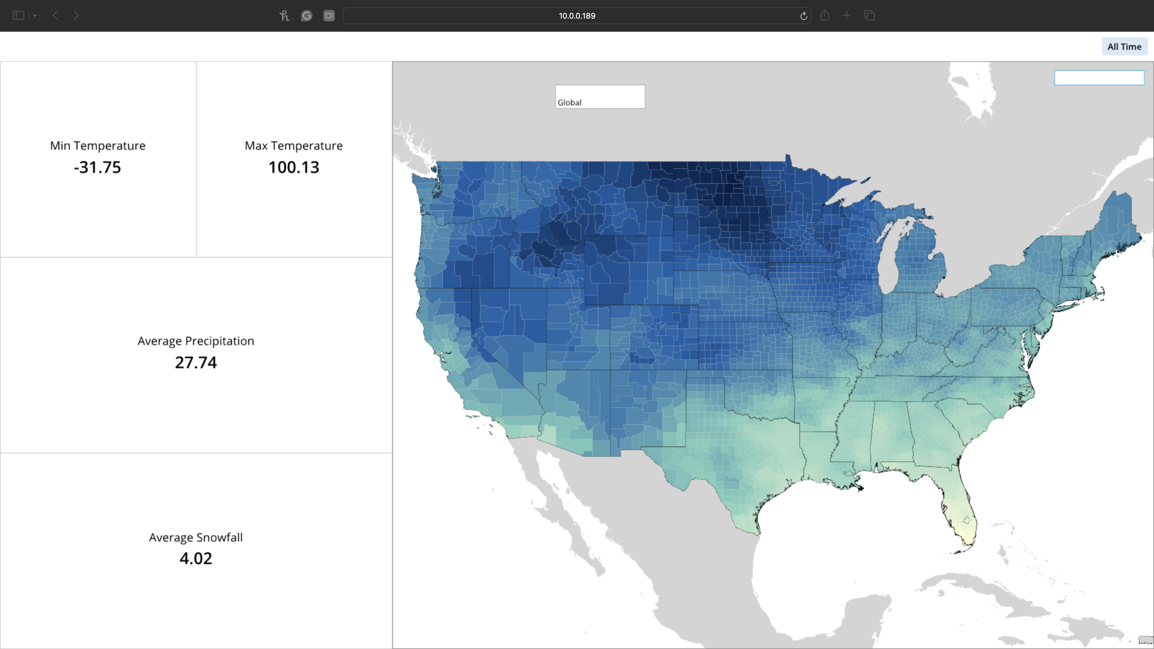 A map of the United States with a blue overlay displaying average temperature and precipitation data.