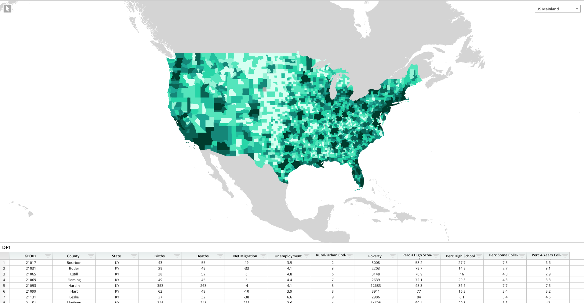 A map of the United States is shown with green and blue squares.