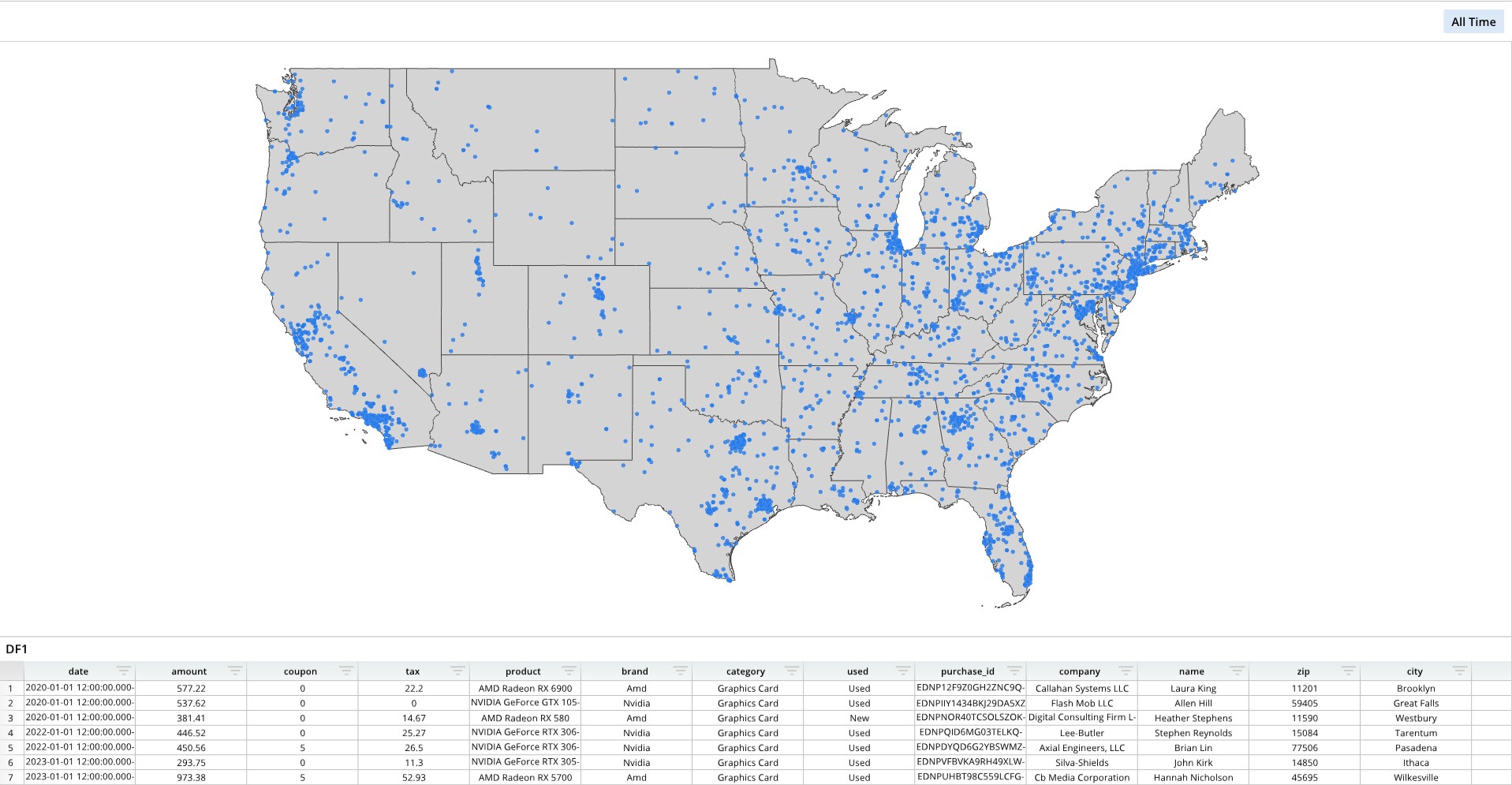 A map of the United States with many blue dots.