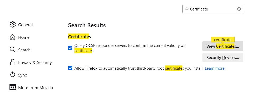 A screen with a yellow highlighted text that says certificates .
