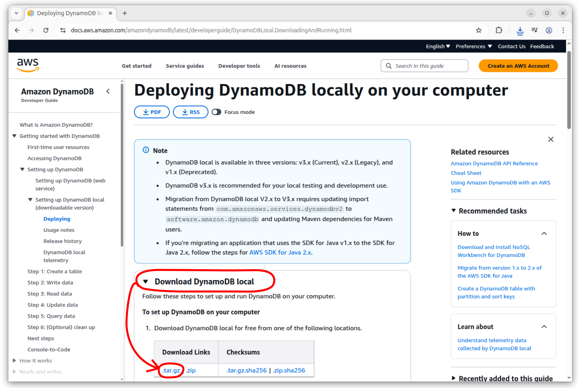 A computer screen with a blue box that says Deploying DynamoDB Local on your computer .