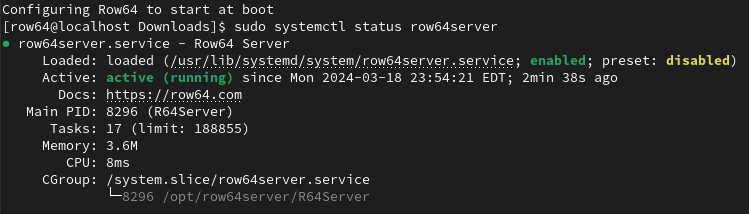 A computer screen displays a command line with a message about a row server.