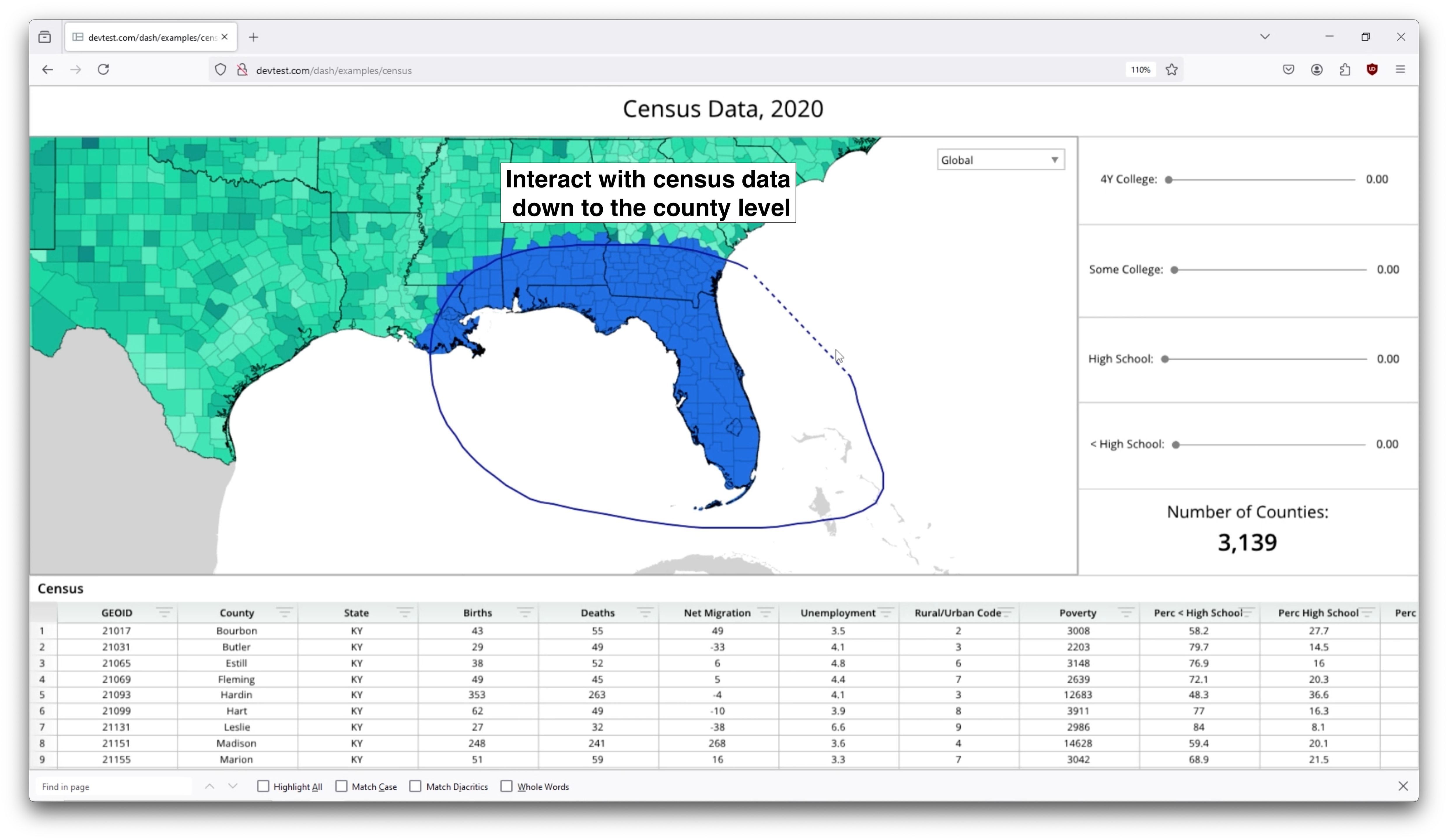 A screenshot of a computer screen displaying a map of the United States with a blue circle around the state of Florida. The map is accompanied by a description of the data displayed.