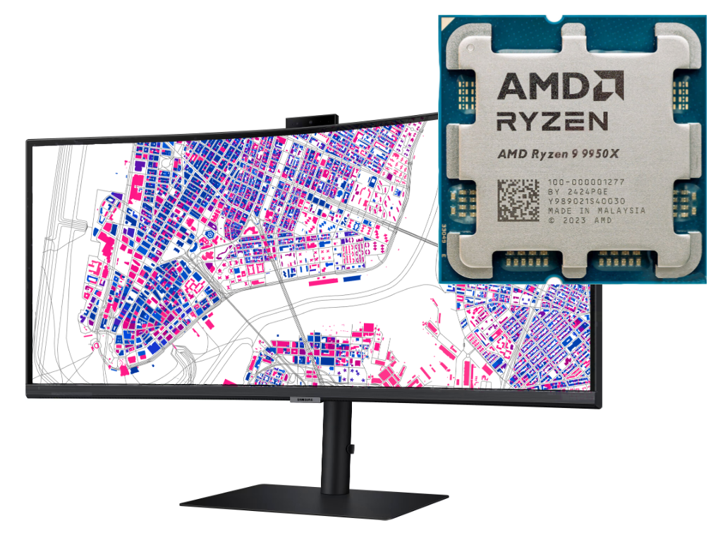A computer monitor displays a map with a blue Ryzen chip.