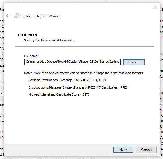 A window on a computer screen with a certificate wizard.