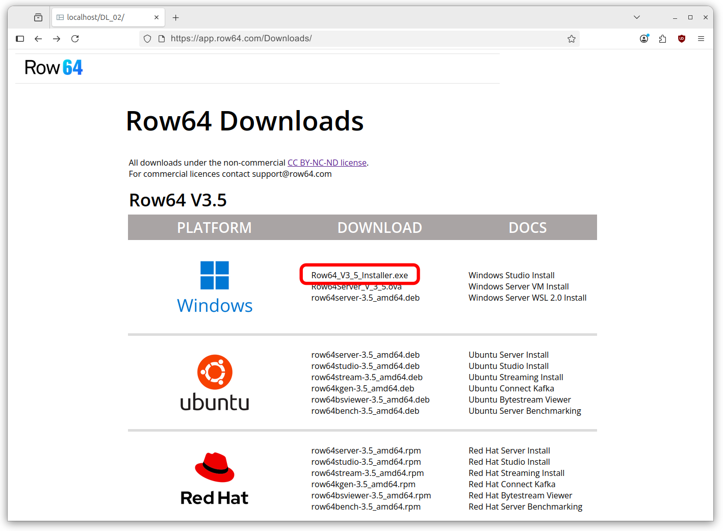 A webpage with a download link for Row 64.
