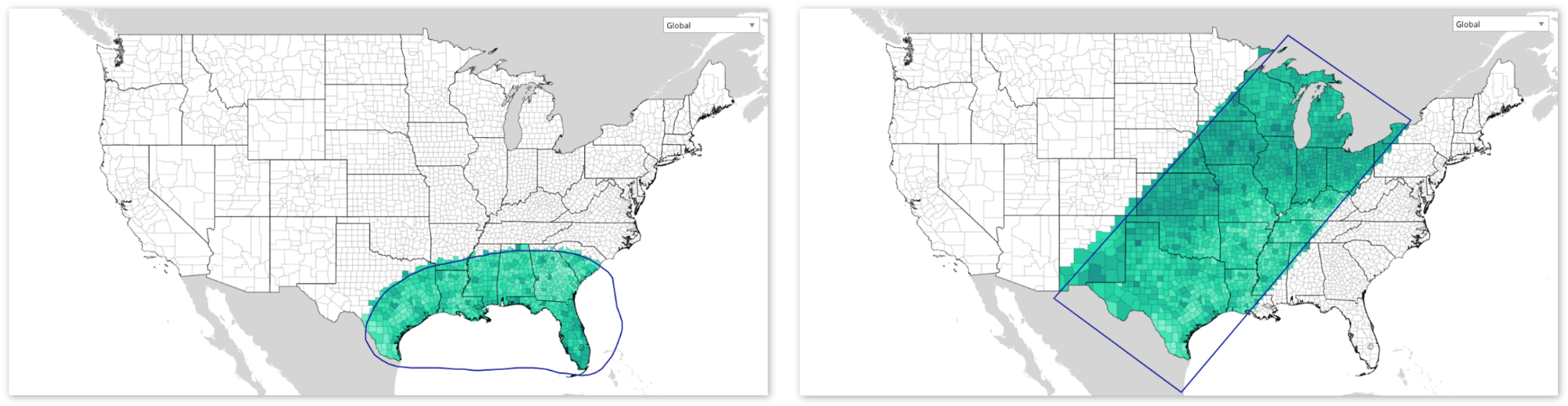 Two maps of the United States are shown, one with a green circle in the middle and the other with a blue circle in the middle.