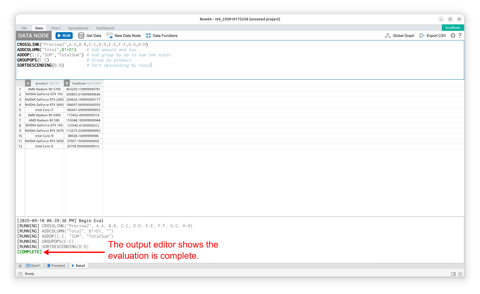 A computer screen with a blank page and a message that reads the output editor shows the evaluation is complete .