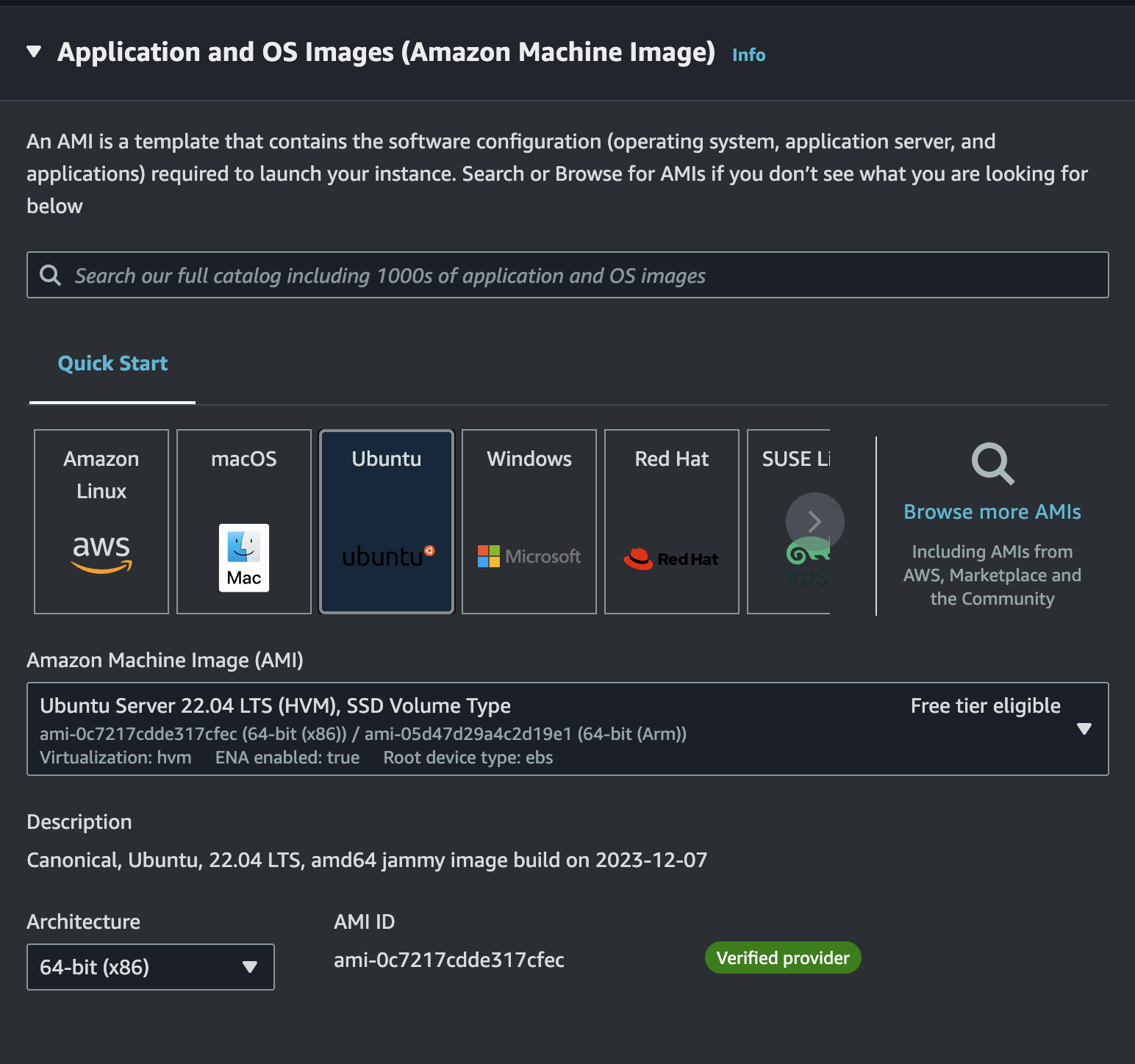 A screenshot of a computer screen with a window open to Amazon Machine Image.