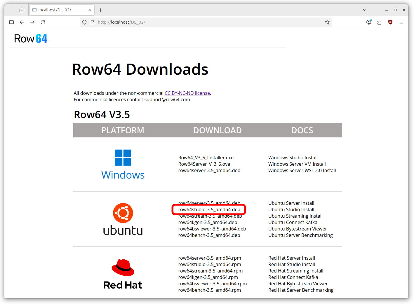 A webpage with a download link for Row 64.