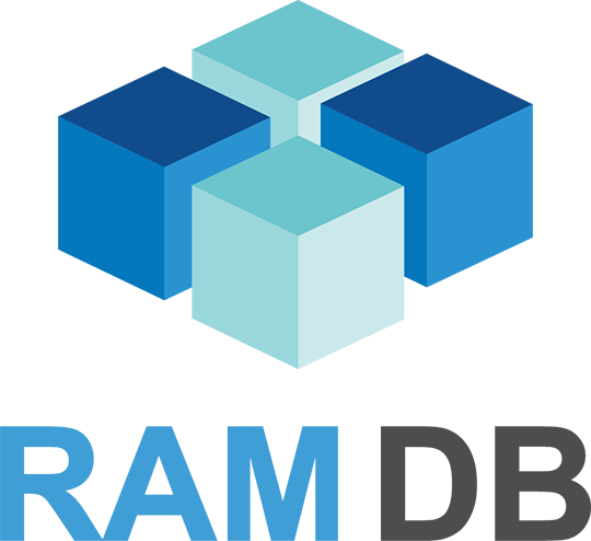 A blue and white logo for RAM DB.