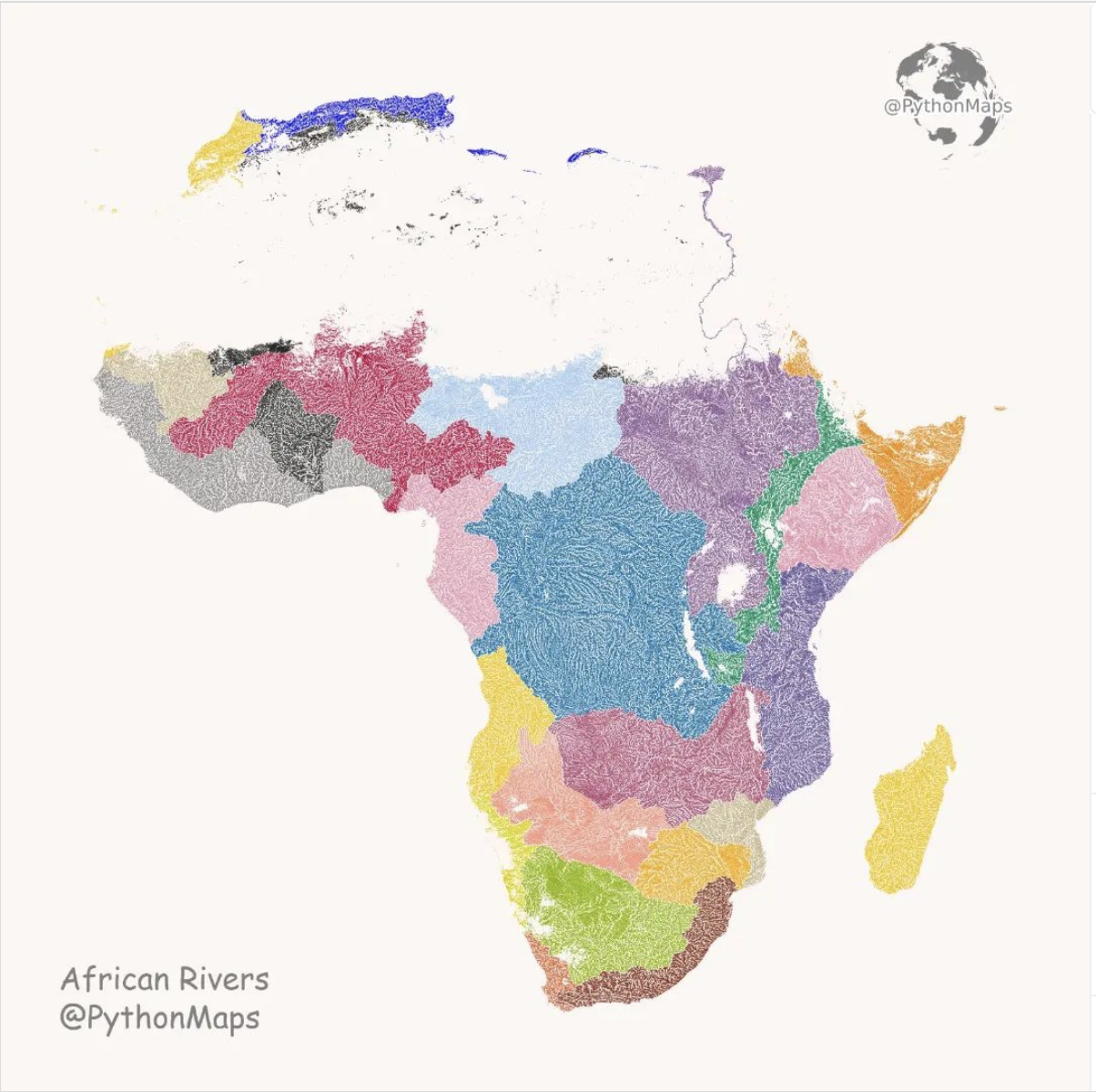 A 2D Python map shows the waterways in Africa color coded according to their source