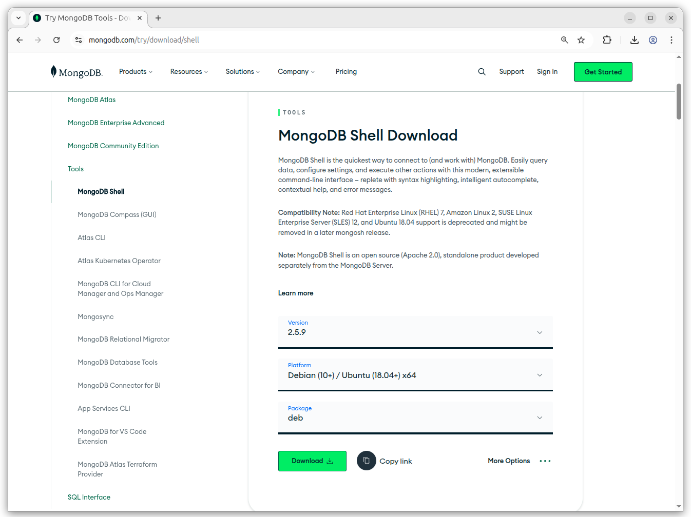 A website page with a download link for MongoDB Shell.