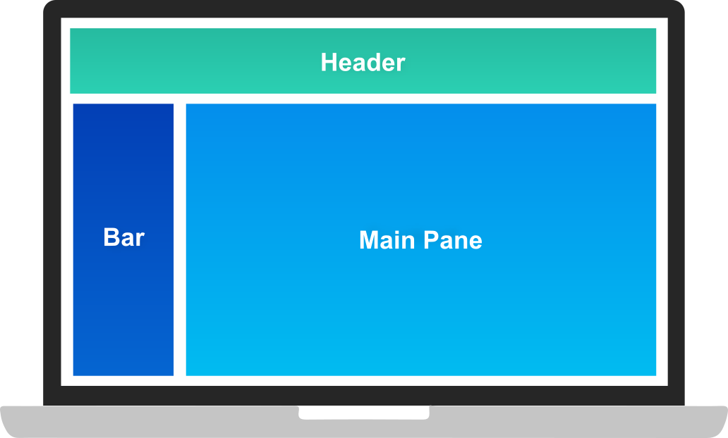 A blue screen with a main pane and a header.