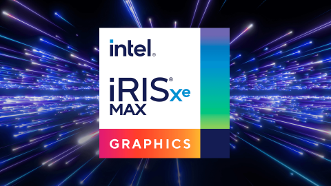 A colorful graphic with the word Intel and the phrase Intel Iris Max.