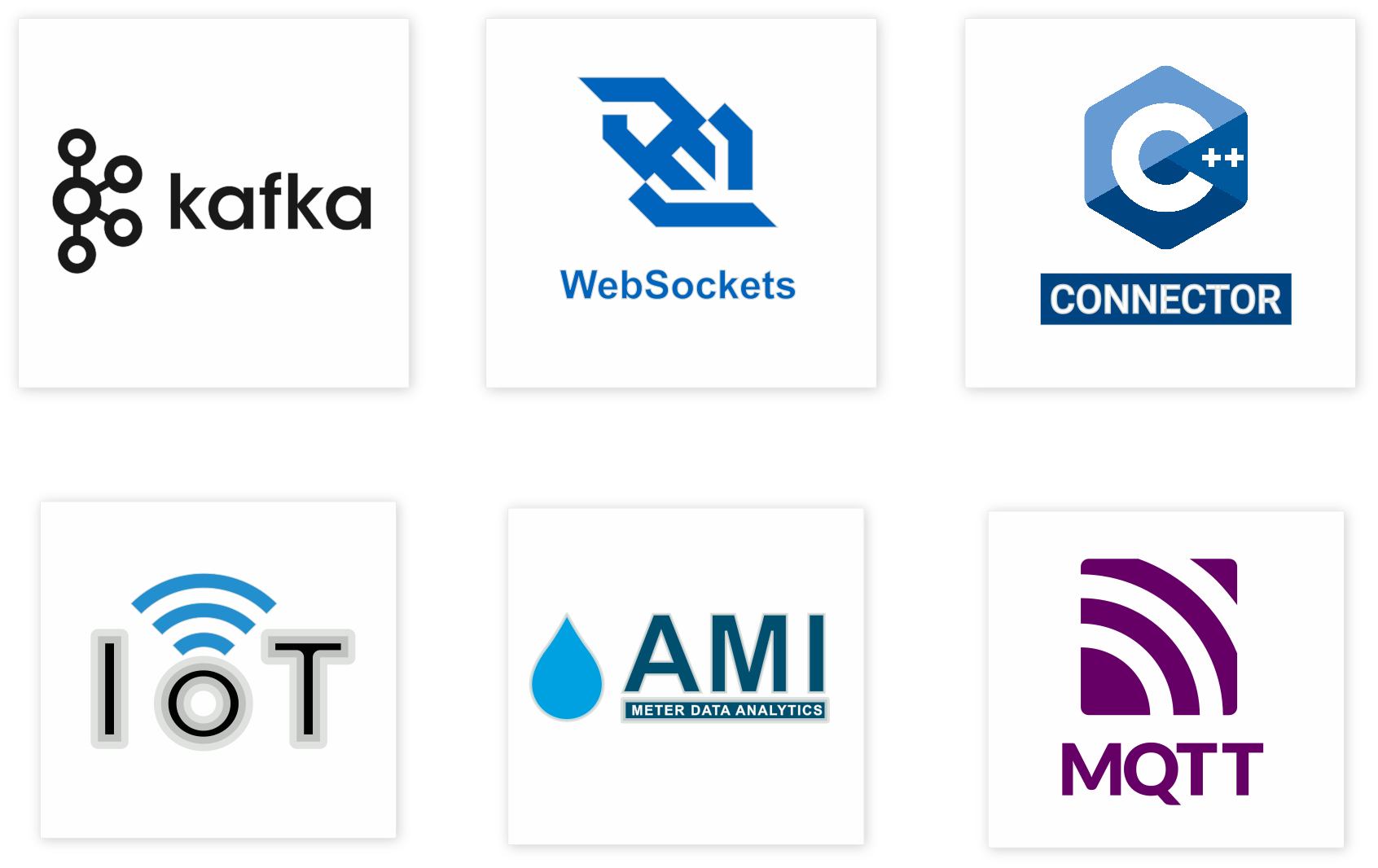 A collection of six square icons, each representing a different concept. The icons are arranged in a row, with each icon occupying a square. The concepts represented by the icons are: IoT, WebSockets, Low Latency, Sub-Millisecond, Popular, and Low Latency.