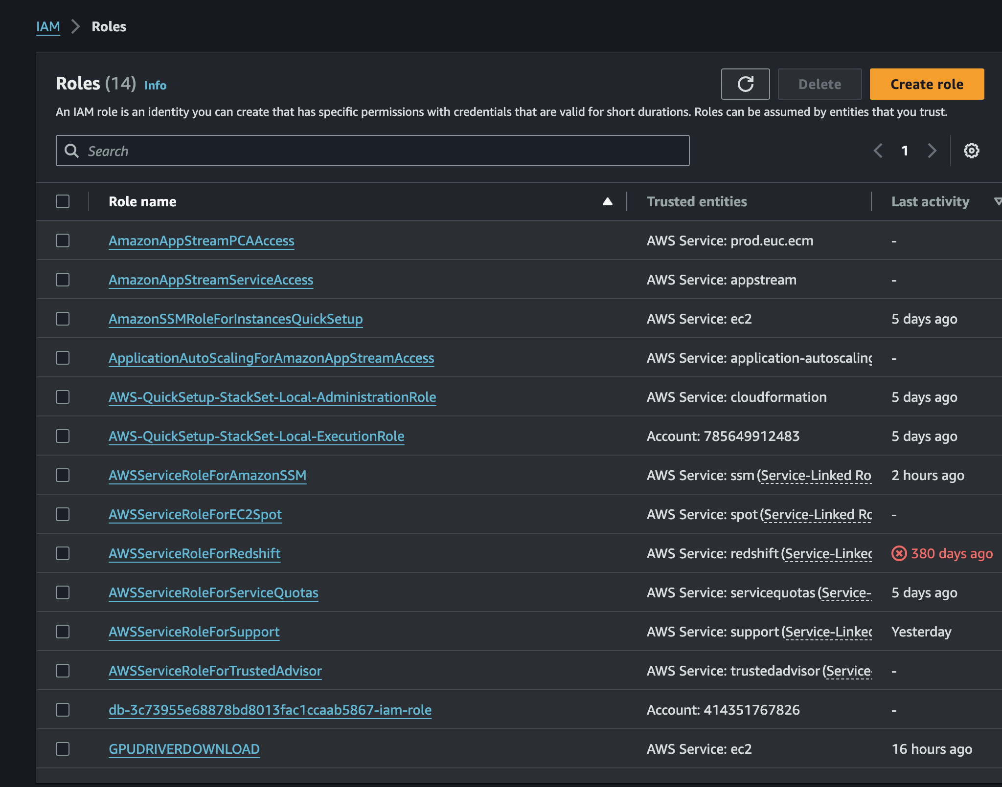 A screenshot of a computer screen showing a list of Amazon Web Services.