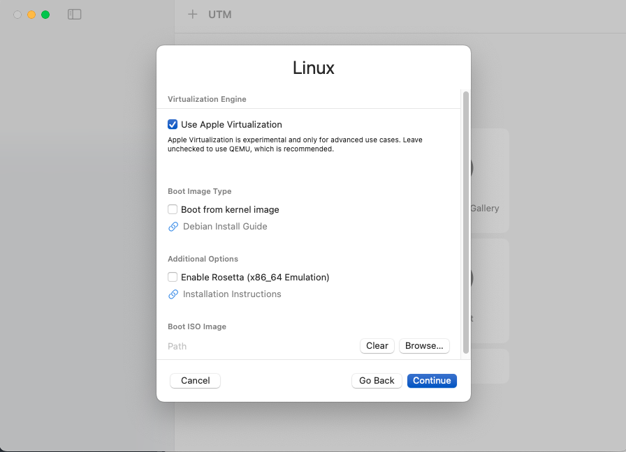 A screenshot of a computer screen with a blue button that says use apple virtualization .