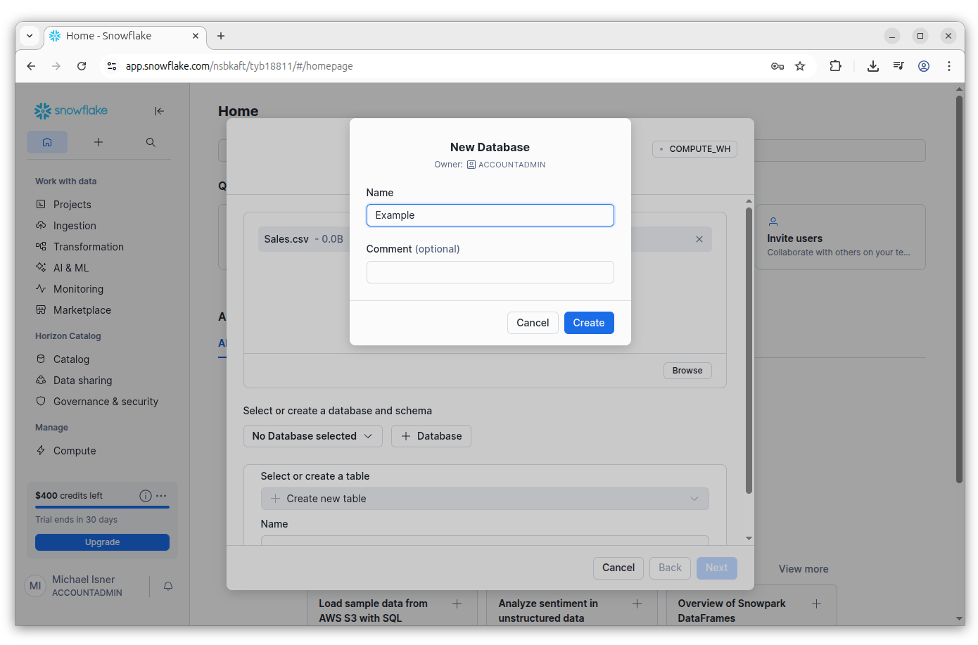 A screenshot of a new database window.