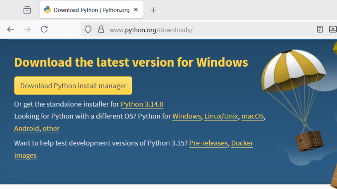 A blue screen with a yellow background and a download link for Python 3.11.