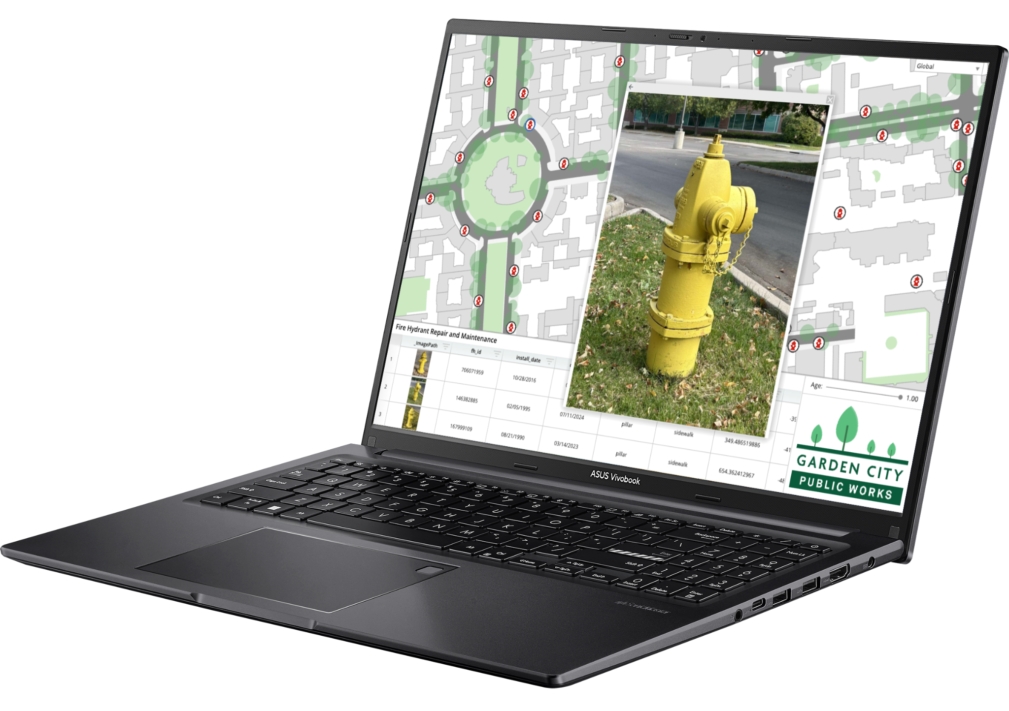A black laptop with a yellow fire hydrant on the screen.
