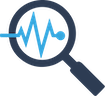 A magnifying glass with a blue background, displaying a waveform.