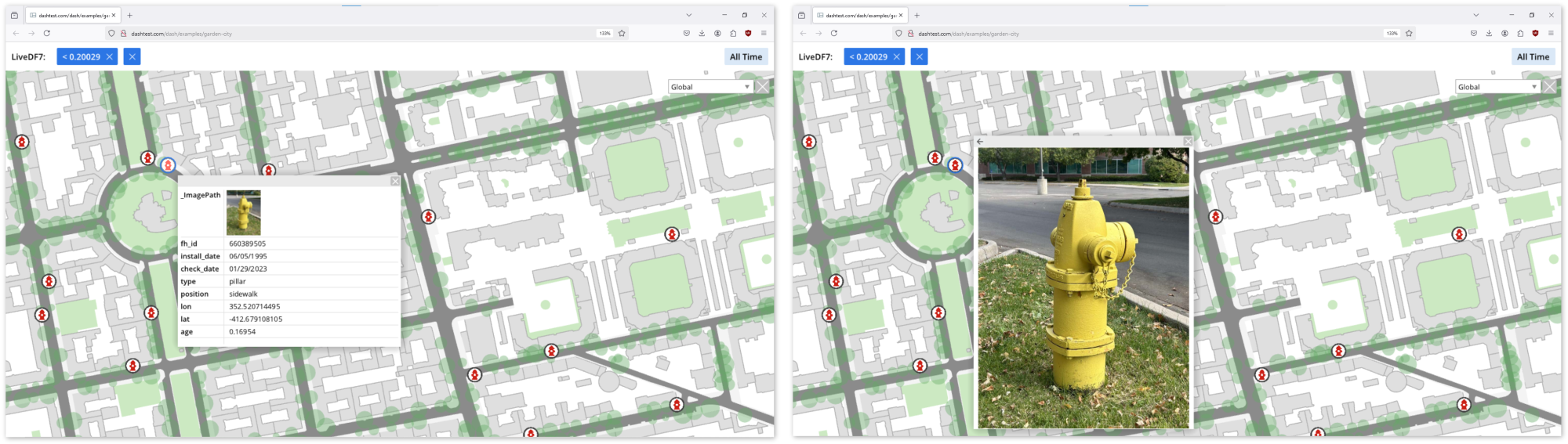 A split screen image of a city with a green circle in the middle.