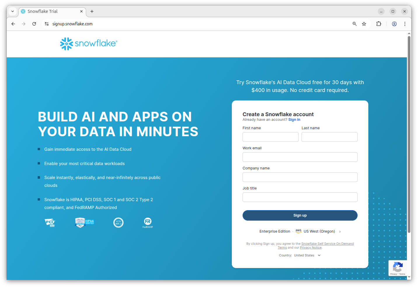 A website page for Snowflake with a sign up form.