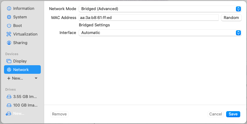 A computer screen with a menu that says Bridged Advanced on it.