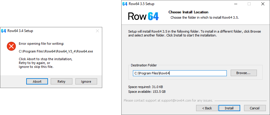 A computer screen displays a message about Row 64.