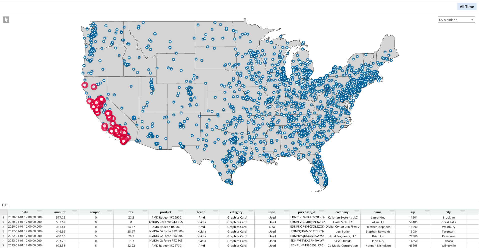 A map of the United States with many blue dots.