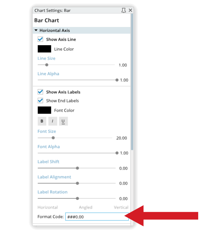 A screen with a bar chart and options to change the font, font size, and color.