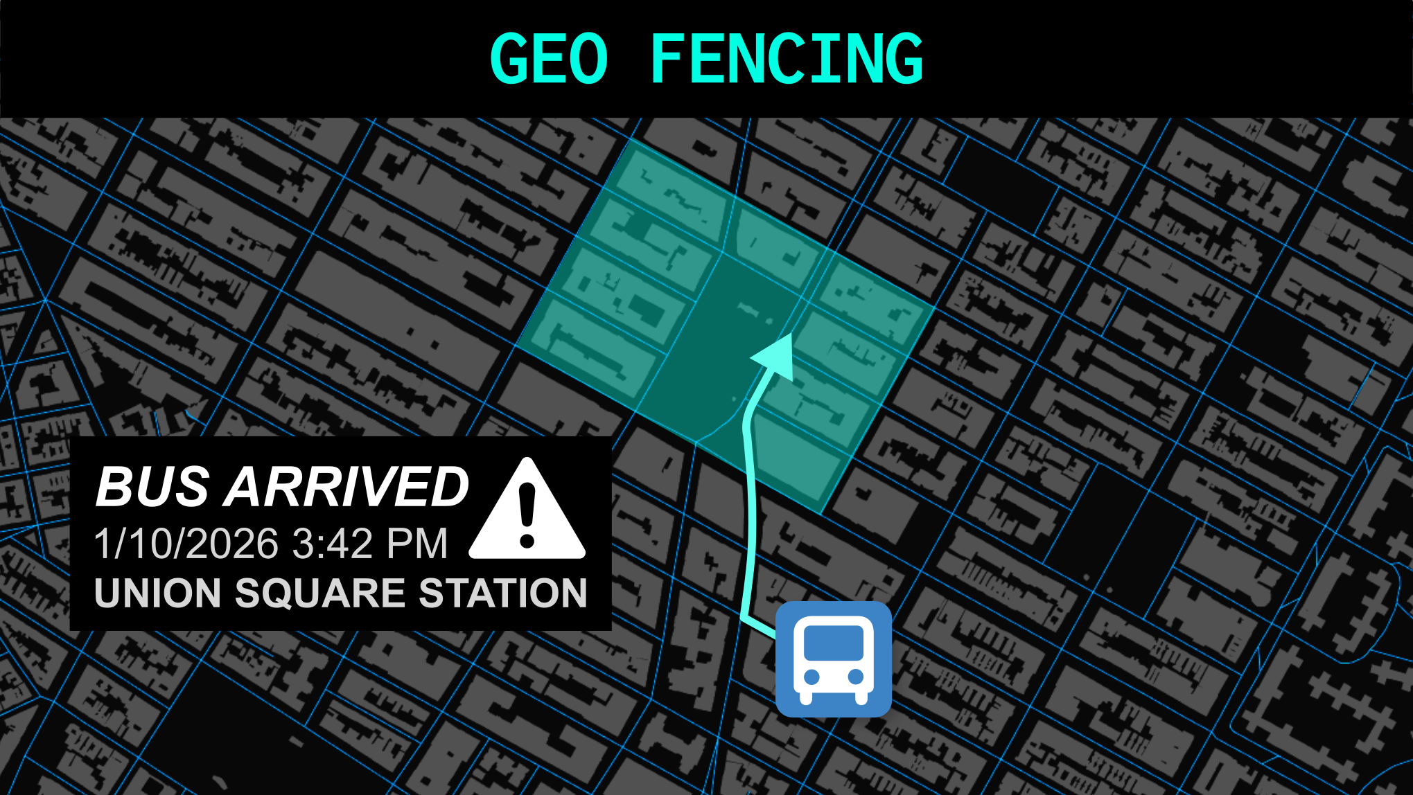 A map shows a bus route and a fenced area.