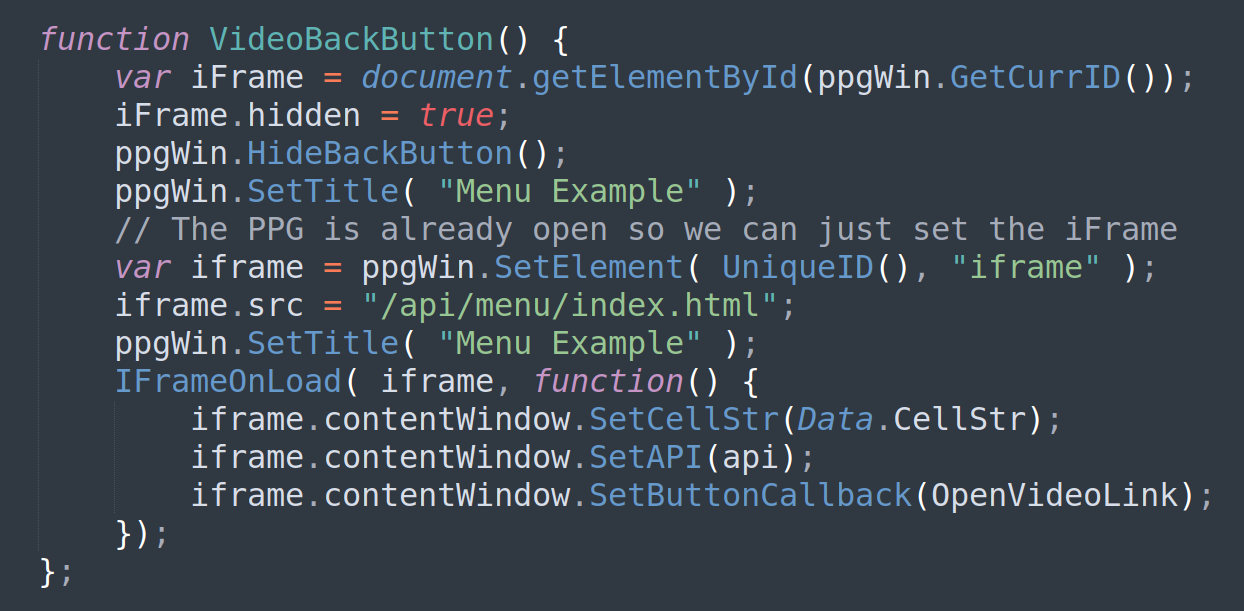 A computer screen with a menu example written in code.