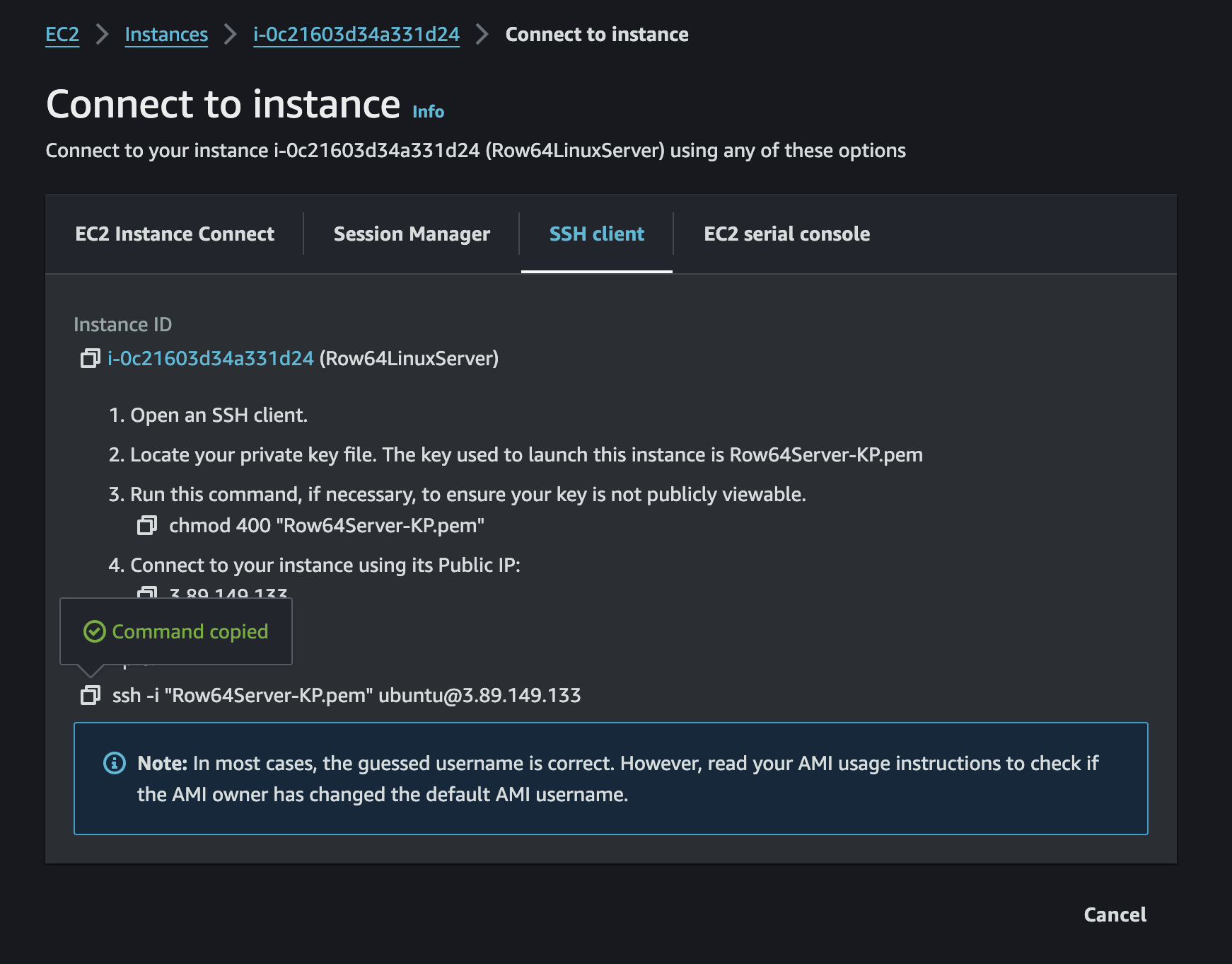 A screen with a message that says connect to instance .