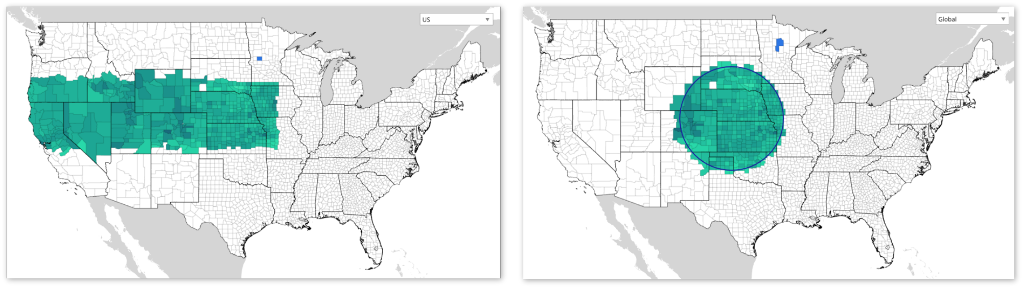 Two maps of the United States are shown, one with a black background and the other with a white background.