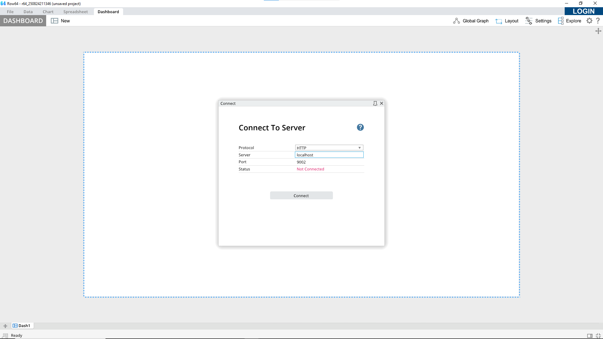 A white screen with a blue button that says Connect to Server.