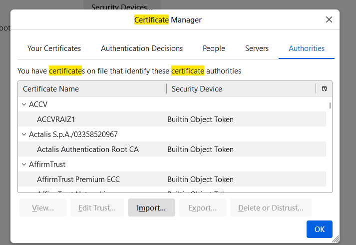 A screenshot of a computer screen shows a certificate manager.