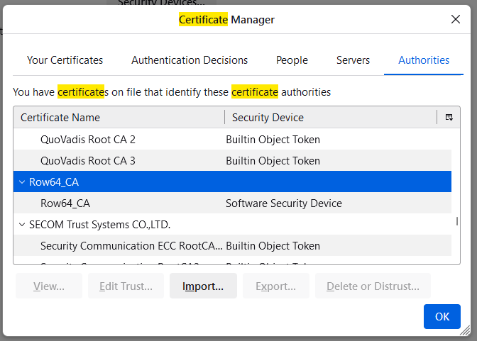 A screenshot of a computer screen with a certificate manager.