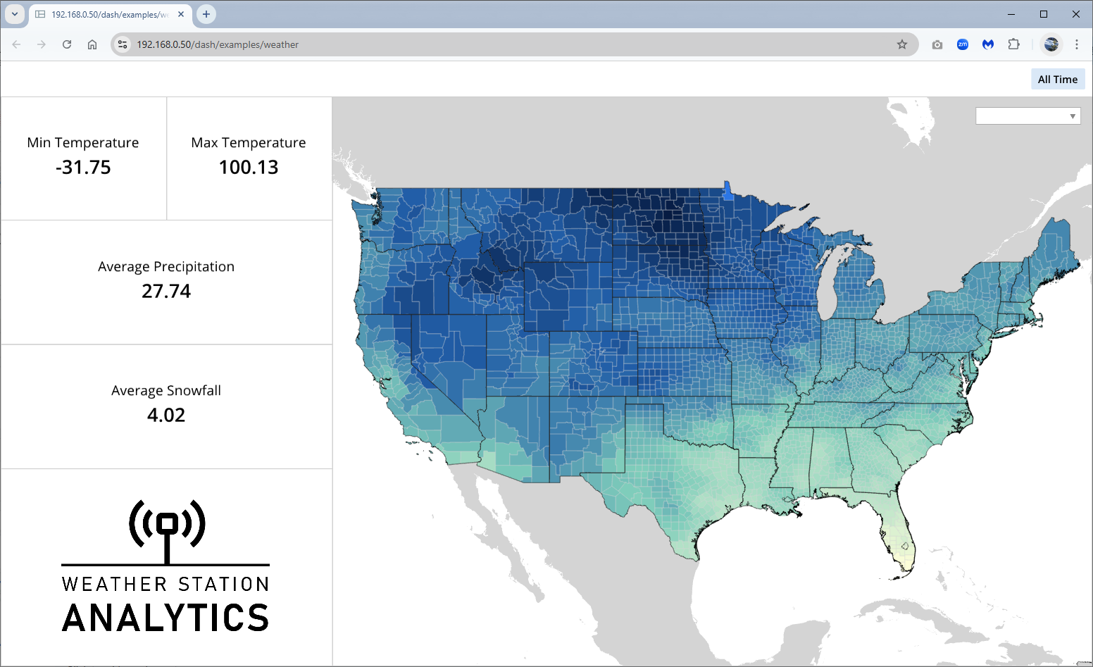 A map of the United States shows the temperature in each state.