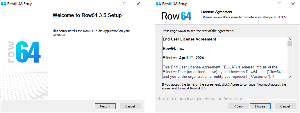 A computer screen displays a message about a Row 64 license agreement.