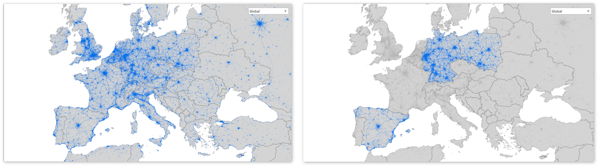 Two maps of the world are shown, one with a blue dot pattern and the other with a green dot pattern.
