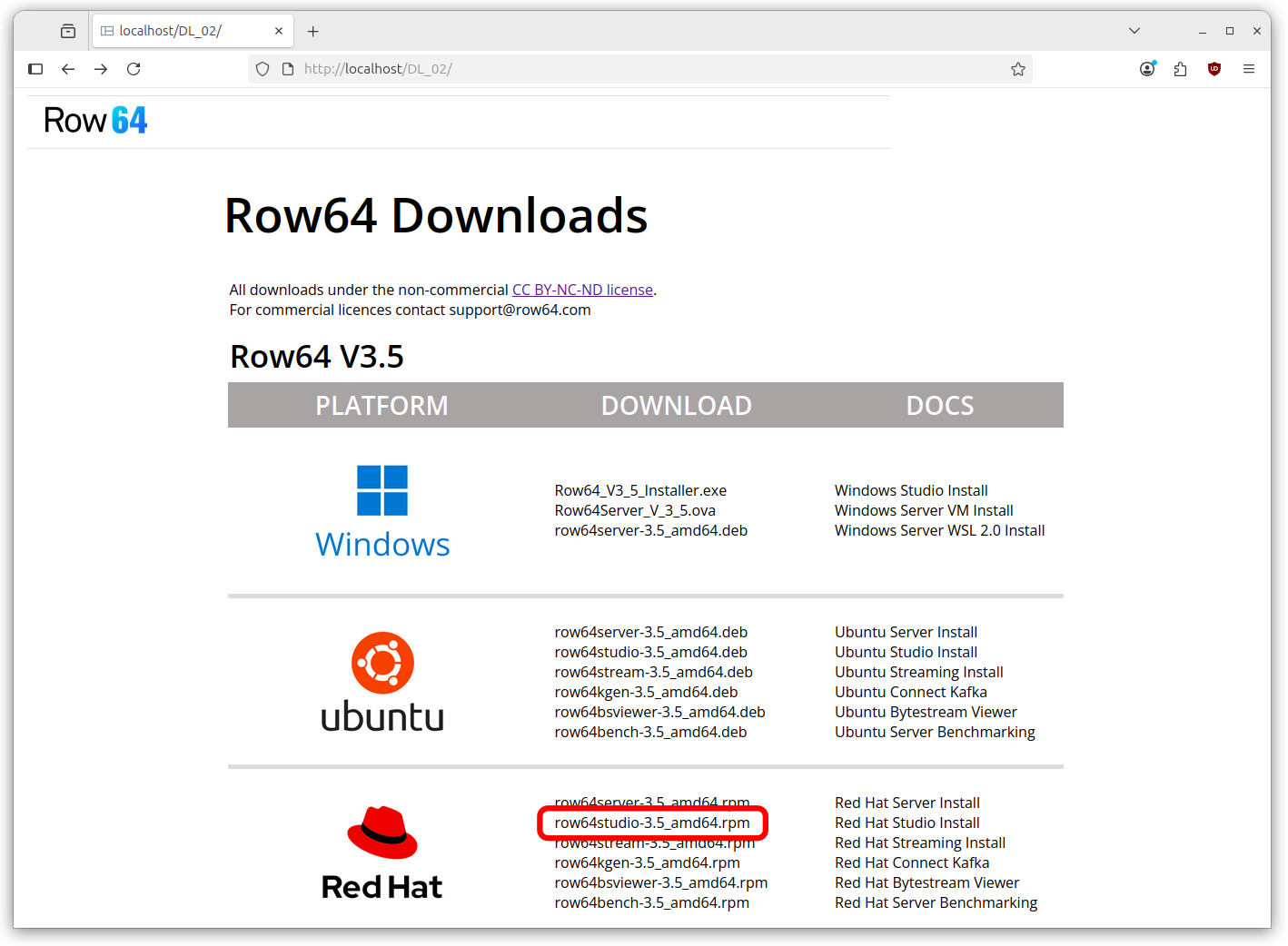 A webpage with a red hat logo and a download link for Row 64.