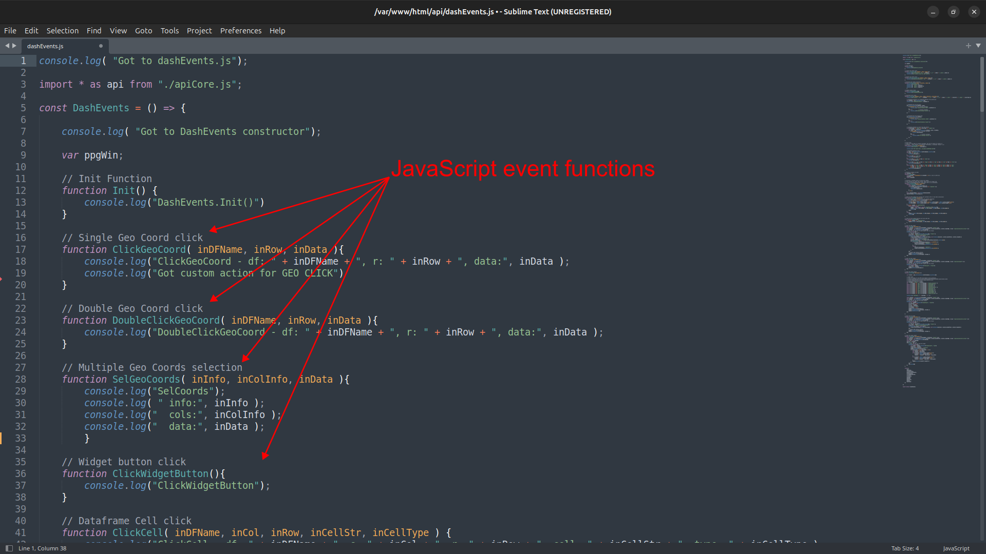 A computer screen with a red arrow pointing to the word javascript and the phrase event functions .