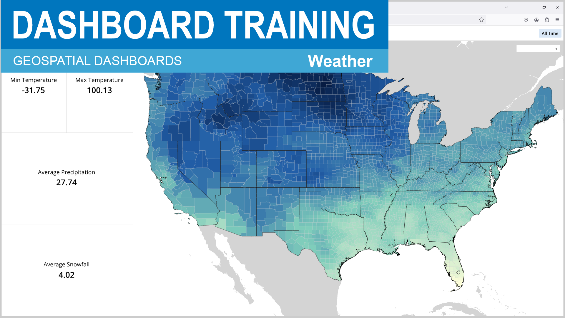 A map of the United States with a blue overlay showing the average temperature and precipitation for each state.