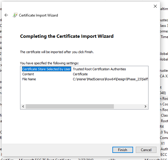 A screen with a certificate import wizard.