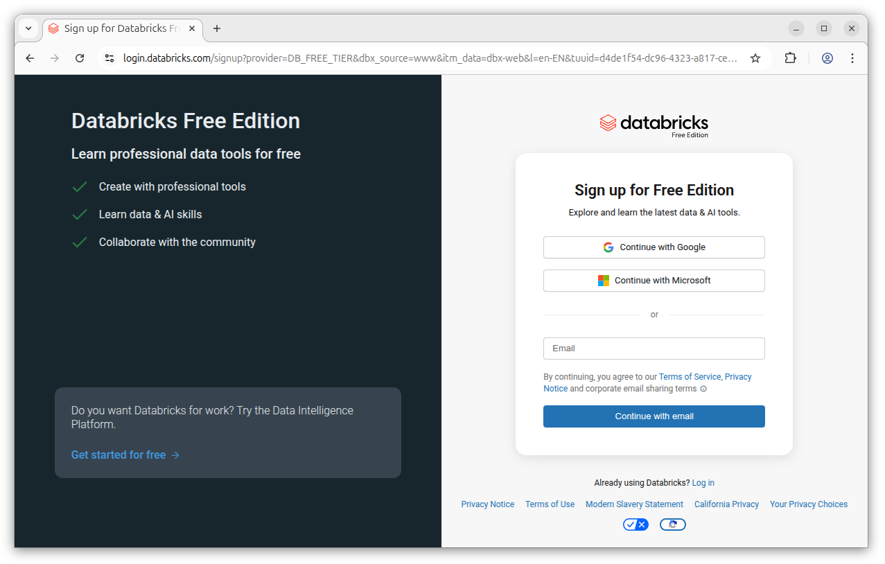 A sign up page for DataBricks.
