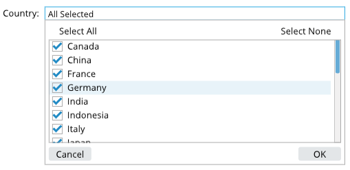 A list of countries is displayed on a computer screen.