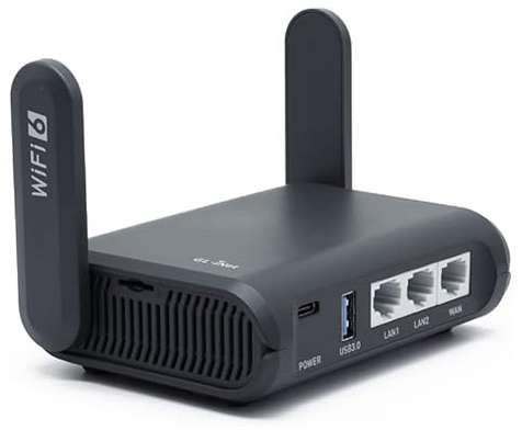 A black router with a white label on the front.